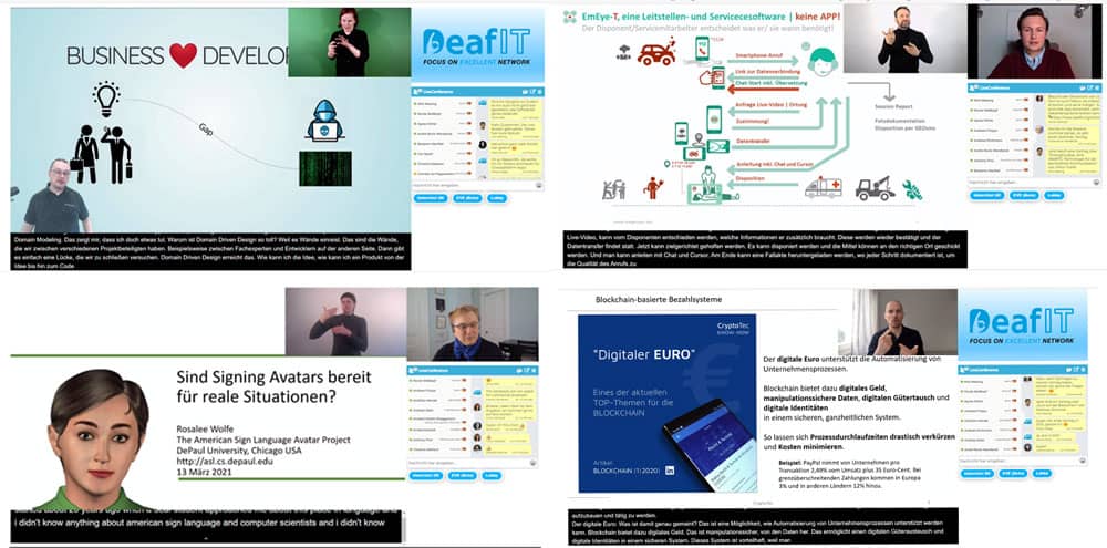 DeafIT Konferenz 2021 Live-Stream mit Gebärdensprache (DGS), Lautsprache, Schriftsprache in Form eines Untertitels in den Sprachen deutsch und englisch. Rechts der Chat für das Networking und Fragen stellen an den Speakern