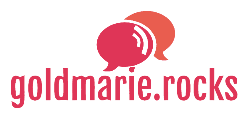 Picture shows two speech bubbles overlapped, this is the logo with text goldmarie.rocks in pink colour.