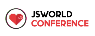 Logo von JSWorld Congress mit einem dunkelrotem Kreis in diesem Kreis ist ein verpixeltes Herzs mit den weißen Buchstabe JS, daneben steht in Text JSWORLD COnference